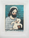 Jesus with an angry baby - woodcut