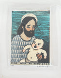 Jesus with an angry baby - woodcut