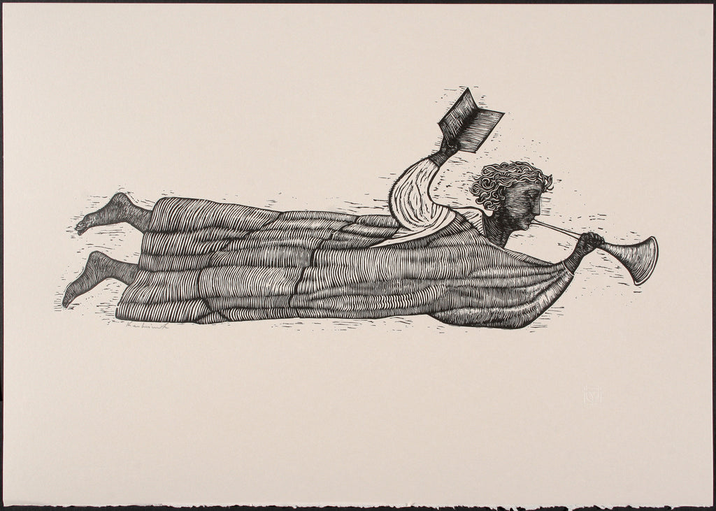 Relief print Angel by contemporary figurative artist Brian Kershisnik. Angel flying through the air blowing a trump and holding a book.