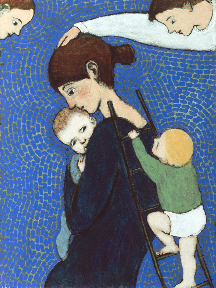 Print of an original oil painting Climbing Mother by contemporary figurative artist Brian Kershisnik. A mother holds her baby tight while another climbs a ladder leaned against her back against a blue and green tiled backdrop with angel in each top corner.