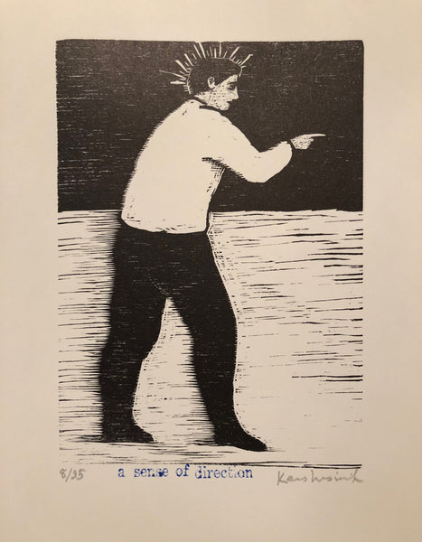 Woodcut of a man with black slacks and white shirt pointing the direction. 
