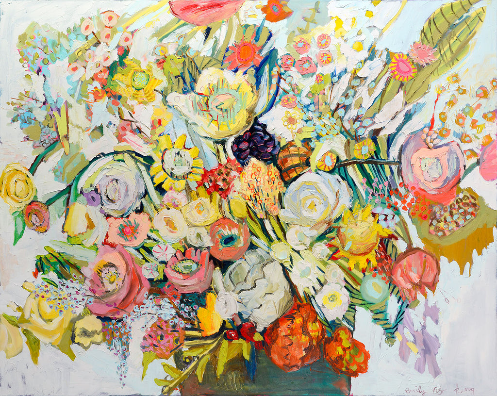 Floral arrangement with a myriad of colors ranging from shades of burnt oranges, shades of pinks, golds, yellows and turquoise in a brown vase against a light background by Emily Fox King.
