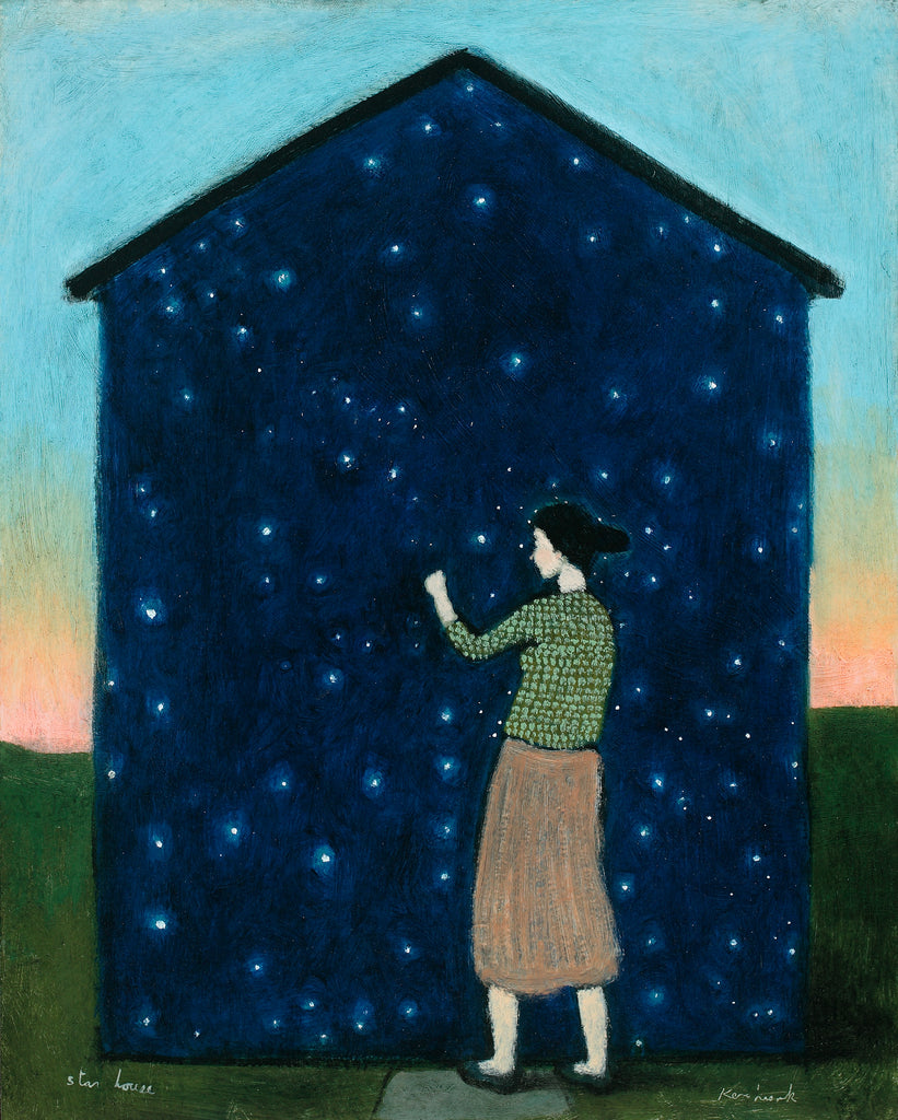 A women with dark hair pulled back in a bun and wearing green patterned shirt, brownish skirt knocking on a dark blue house covered with stars on green grass against a sunset.