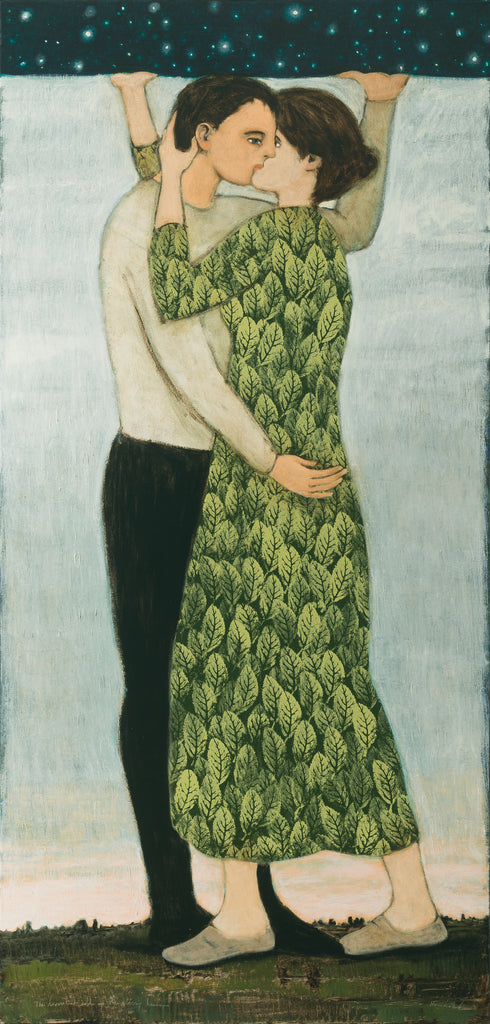 A pair of lovers in a tender embrace holding up the starry heavens while their feet are planted on the earth. She is in a green leafy patterned dress and he in black slacks and an off-white shirt against a blue sky.