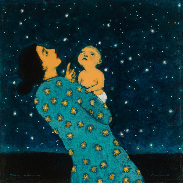 Young Astronomer poster by contemporary artist Brian Kershisnik. A young mother in a turquoise dress with stars on it holds her baby and both gaze up into the heavens on a dark night.
