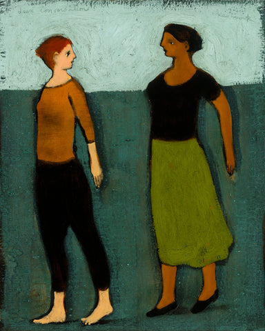 Two women walking forward against a background of light and dark turquoise. One with dark red hair, black trousers and rust shirt. The other with darker skin, dark hair, black shirt and green skirt.