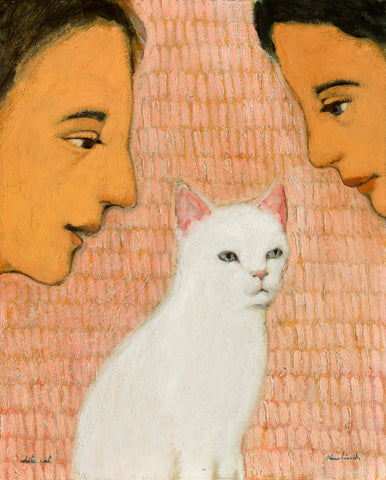 Two individuals with dark hair look at a white cat with a pink orange background.