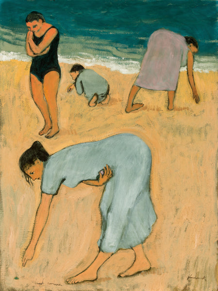 Three women and a child looking for treasures on the sea shore