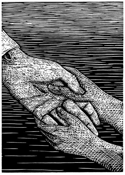 Black and white woodcut of a two hands reaching out touch the hand of another.