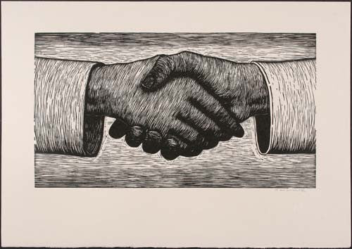 Relief print Handshake by contemporary figurative artist Brian Kershisnik. Two hands are shaking as if in an agreement.