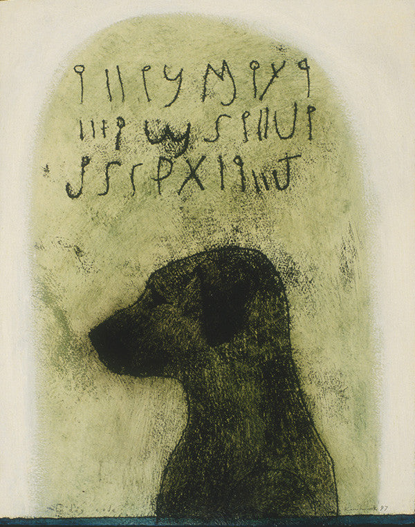 Giclee pigment print of an original oil painting Dog Code by contemporary figurative artist Brian Kershisnik. Black lab silhouetted against a green background with dog language written above.