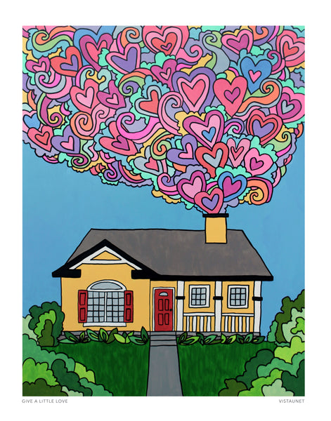 A hello cottage with red shutters and door, with gray roof and hearts in pinks, purples greens, and turquoise coming out the chimney.