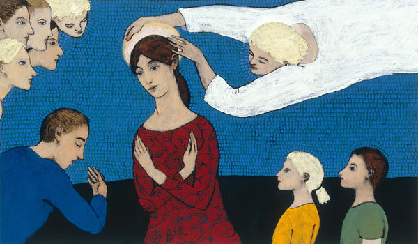 Giclee pigment print of an original oil painting Halo Repair by contemporary figurative artist Brian Kershisnik. A woman in red with her arms crossed against her chest has a her halo adjusted by an angel while two children, angels and a man who is bowing honor her. Set against a vibrant rich blue background. 