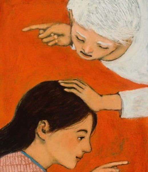 A young woman looking for something is redirected by a hovering angel white haired angel against an orange background.