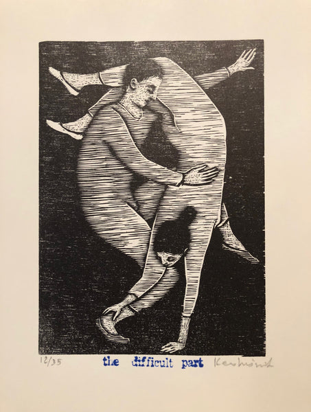 Woodcut with a man and woman doing a difficult acrobatic move with her hands on the ground and feet in the air and he on one leg balancing her. Black and whit.
