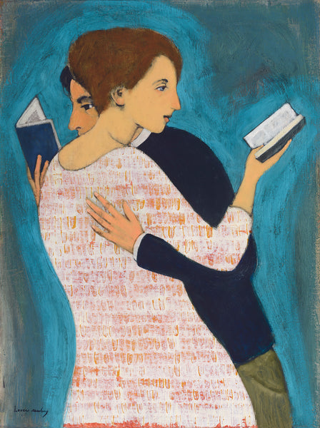 A couple embraces while each holding a book and reading it with one hand against a turquoise and grey background. She with her brown hair pulled back in a bun is wearing a white dress with small orange tile prints and he with his dark hair and a dark sweater and army green slacks. 
