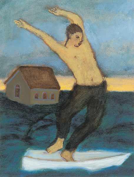 Giclee pigment print of an original oil painting Dances Through Disaster by contemporary artist Brian Kershisnik. A man dances in a white boat while the flood rises and one house floats away.