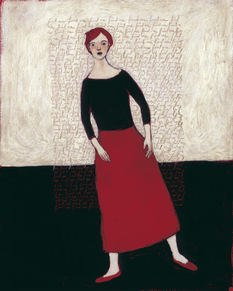 Giclee pigment print of an original oil painting Find Me by contemporary figurative artist Brian Kershisnik. A red headed woman with a black blouse and red skirt and shoes stands against a white wall with find me written in red over and over again. She is standing on a black floor.