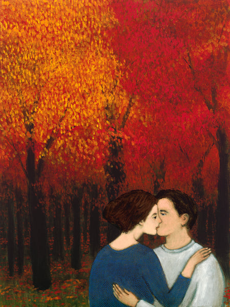 Giclee print of an original oil painting Lovers in the Fall by contemporary artist Brian Kershisnik. A couple kissing against the lush fall back drop of rich red orange and yellow leaves