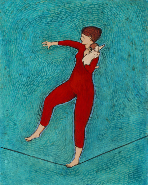 Giclee print of an original oil painting Mom Trick by contemporary artist Brian Kershisnik.A red headed mother in a red leotard and tight holding tight her red headed baby she is balancing as walks on a tightrope against a turquoise backdrop.