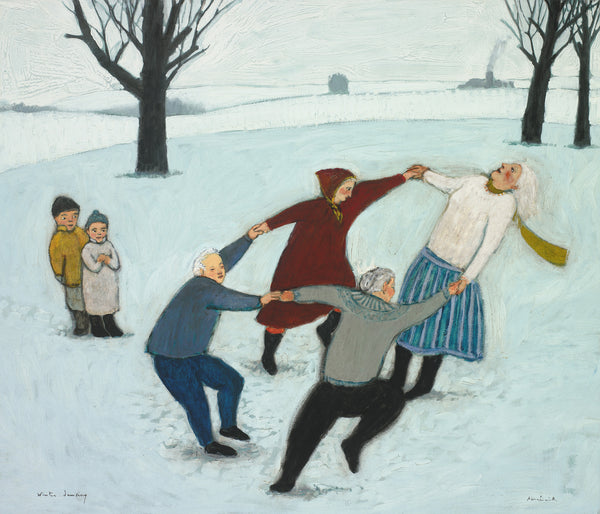 Giclee pigment print of an original oil painting Winter Dancing by contemporary artist Brian Kershisnik.Four bundled for the cold people hold hands and dance gleefully on the snow while two small children watch. Turquoise, red, black and gray clothing against a turquoise snowscape with black barren trees.