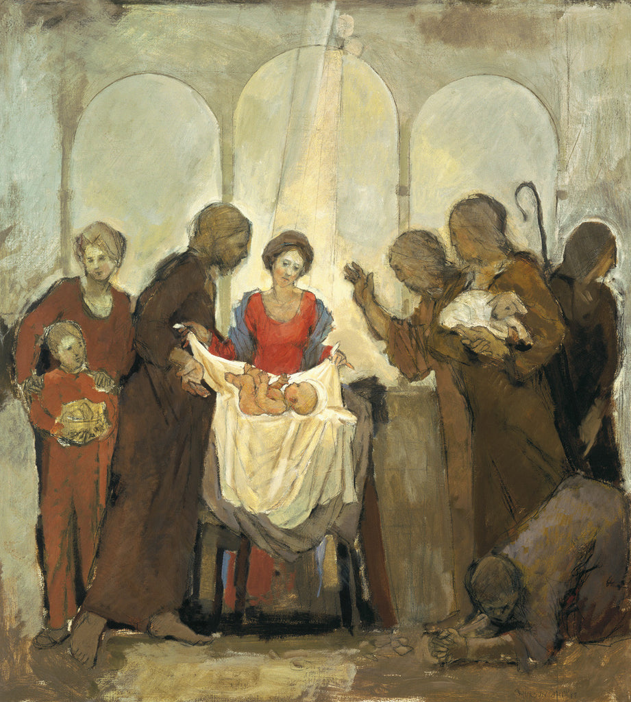 Nativity giclee print by contemporary artist Bruce Hixon Smith. Mary dressed in blue and red robes with the light on her and the baby Jesus surrounded by shepherds and others who look on in awe set agains three arches.