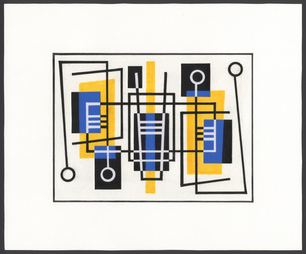 Hand drawn ink and paper collage with squares, circles, yellow, blues and blacks. 