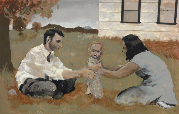 A young couple helps their little one take its first steps as they sit and kneel on the grass.