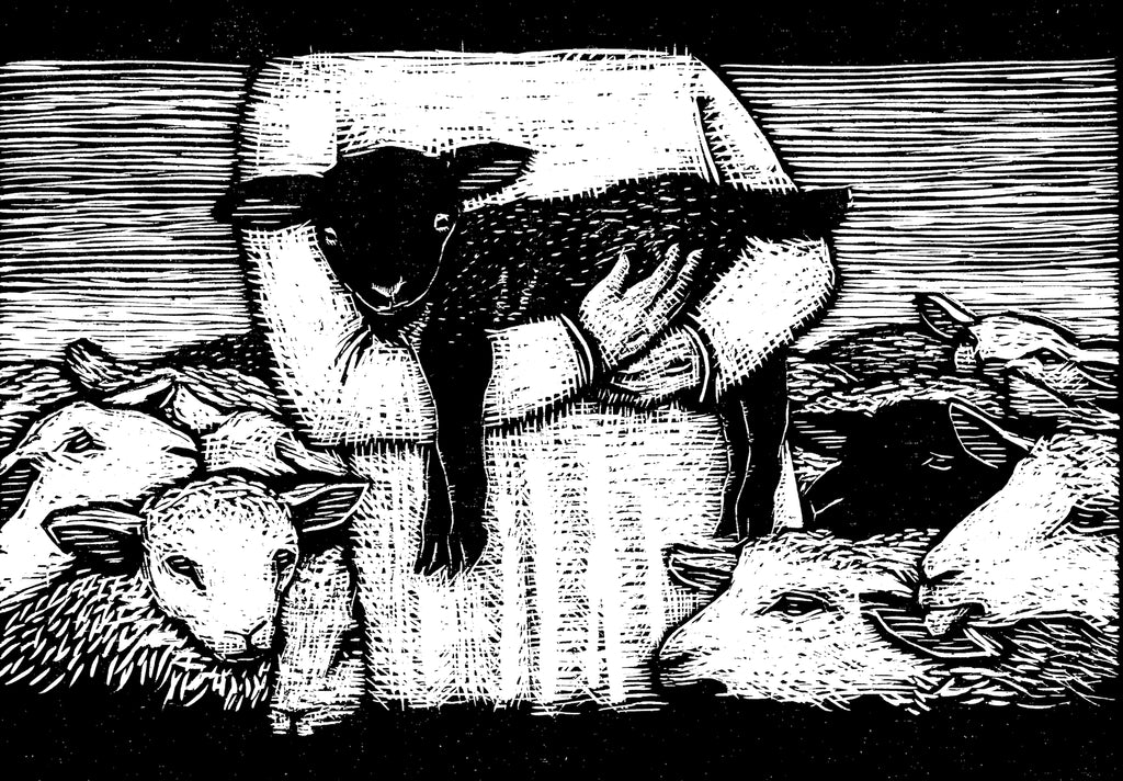 Black and white woodcut of a black sheep held in the arms of a white robed figure. 