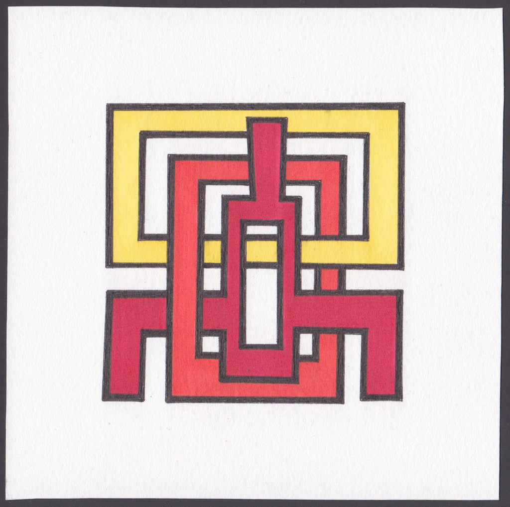Original pen and ink drawing of geometric figures of black, red, and yellow on white.